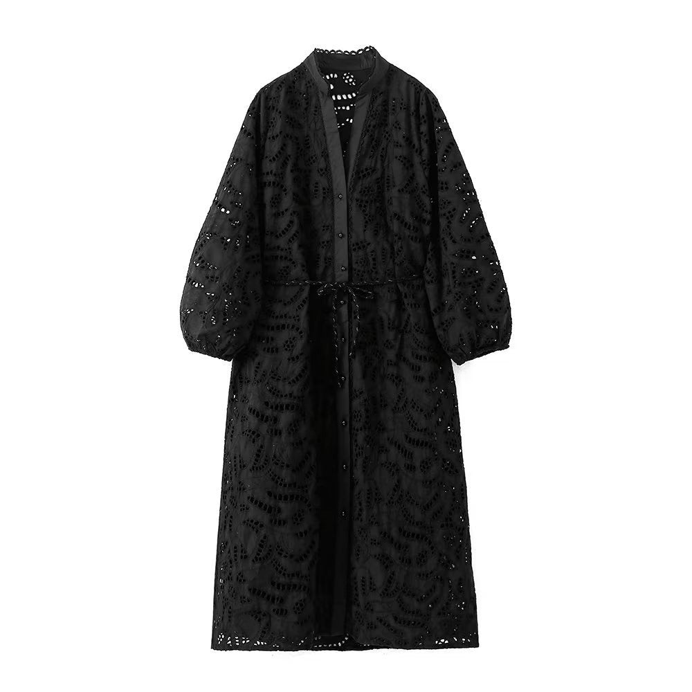 Women Fashion Summer With Belt Button-up Black Embroidery Dress