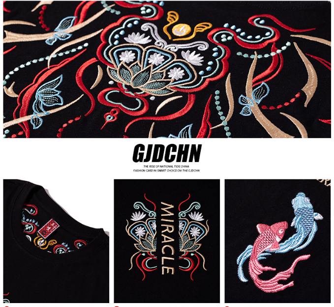Chaopai China Chinese style koi embroidery cotton short sleeved T shirt men loose fashion oversize men shirt