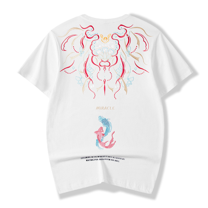 Chaopai China Chinese style koi embroidery cotton short sleeved T shirt men loose fashion oversize men shirt