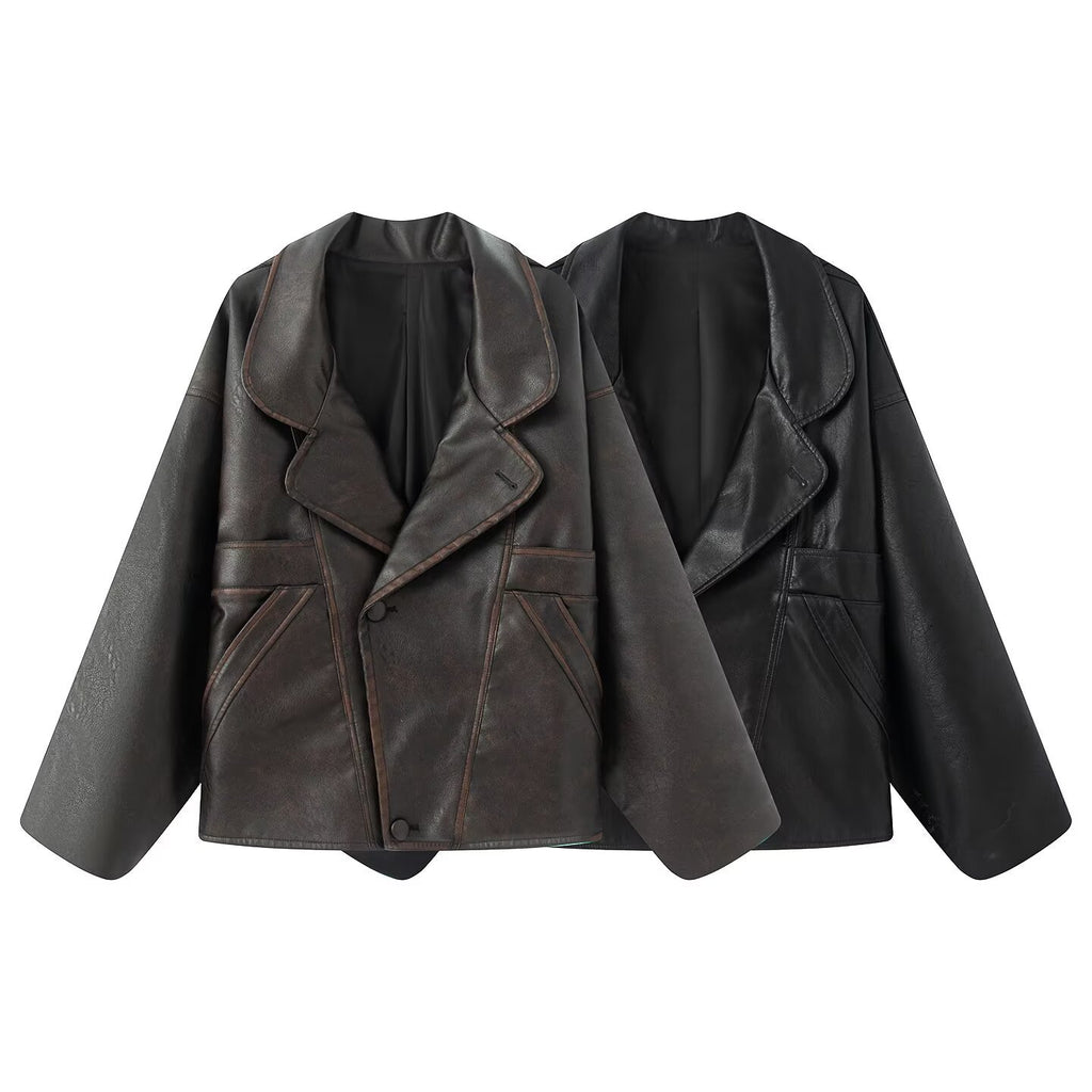 Fashion Casual Lapel Leather Jacket for Women