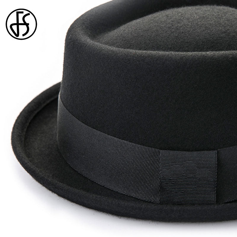 FS Vintage Pork Pie Hat Men Wide Brim Wool Felt Fedora Black Hat Mans Church Jazz Ribbon Trilby Panama Gangsters Caps Gentlemen