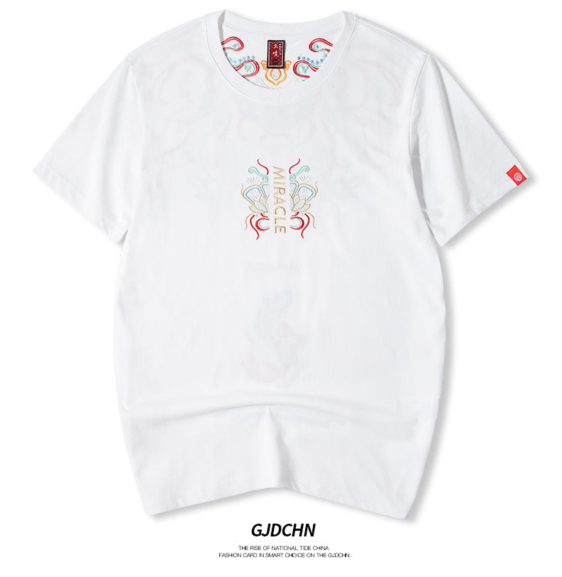 Chaopai China Chinese style koi embroidery cotton short sleeved T shirt men loose fashion oversize men shirt