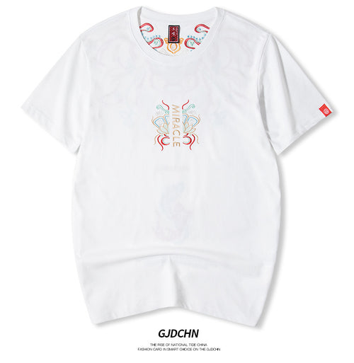 Chaopai China Chinese style koi embroidery cotton short sleeved T shirt men loose fashion oversize men shirt