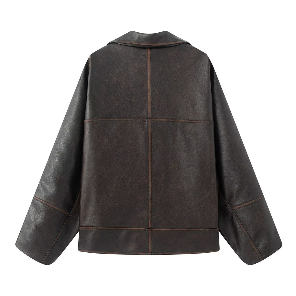 Fashion Casual Lapel Leather Jacket for Women