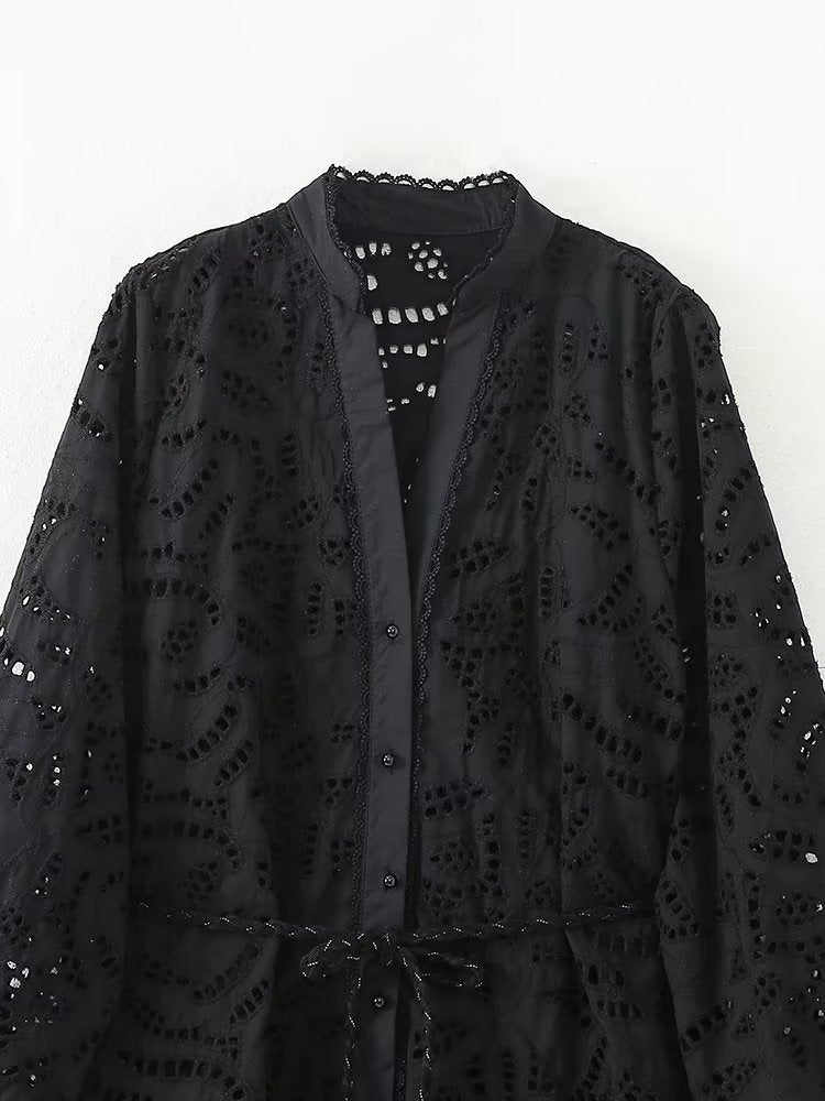 Women Fashion Summer With Belt Button-up Black Embroidery Dress