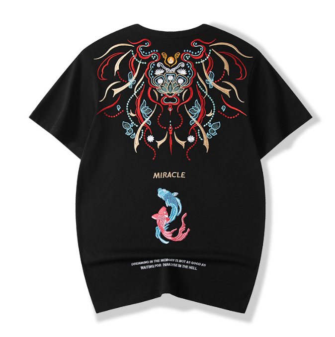 Chaopai China Chinese style koi embroidery cotton short sleeved T shirt men loose fashion oversize men shirt